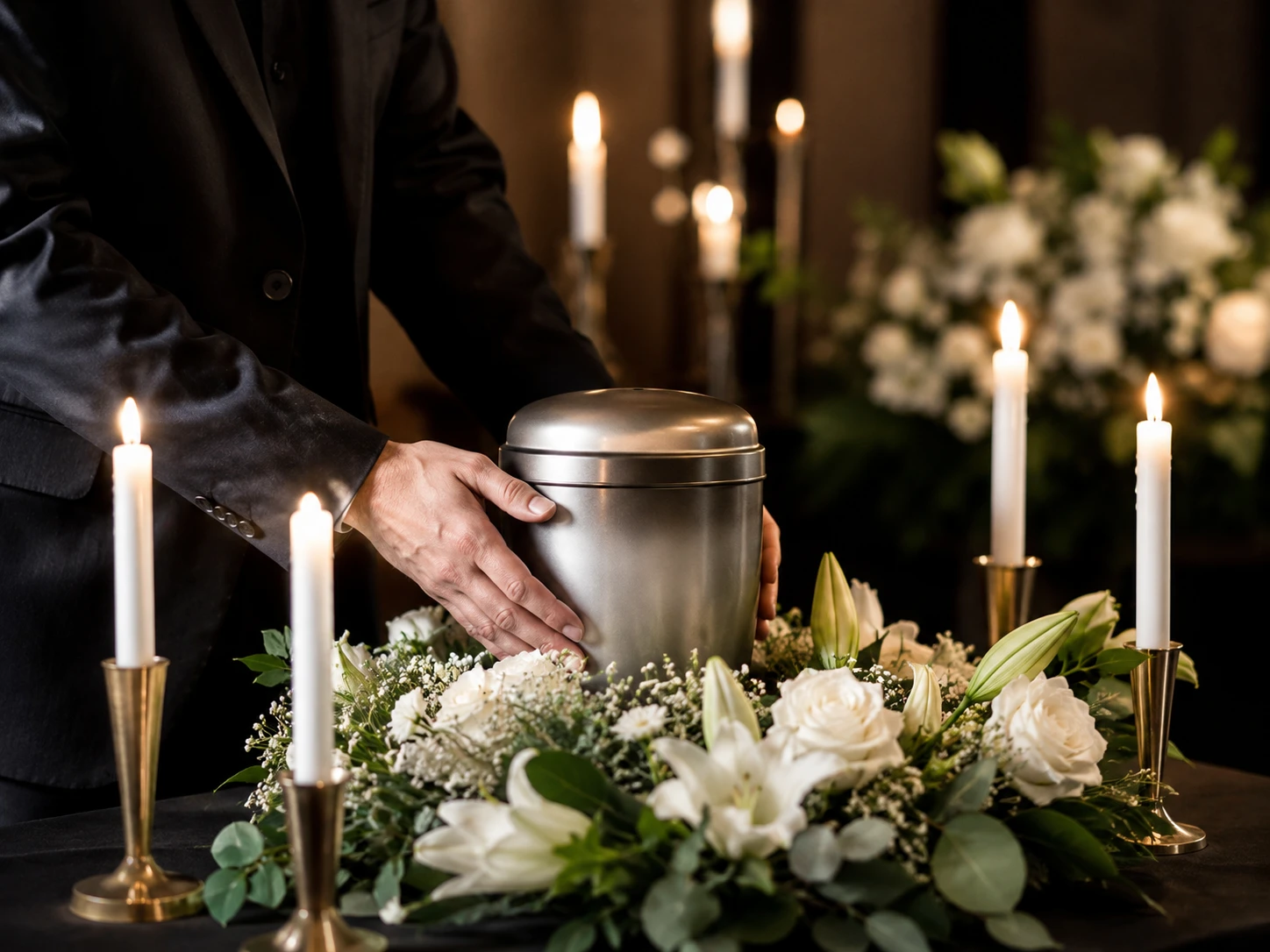 Man holding cremation urn surrounded by flowers and candles.