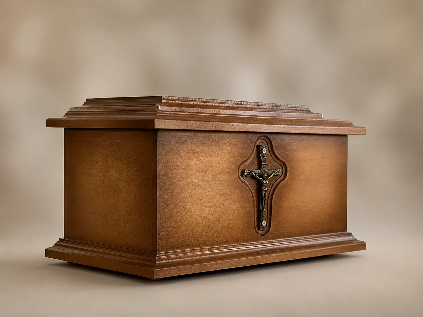 Wooden urn, ornate, dark brown, decorative.