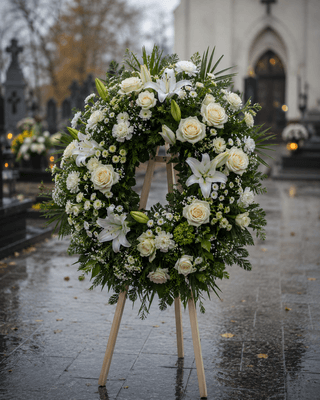 Wieniec kwiatowy z białych kwiatów na drewnianym stojaku, pochówek.