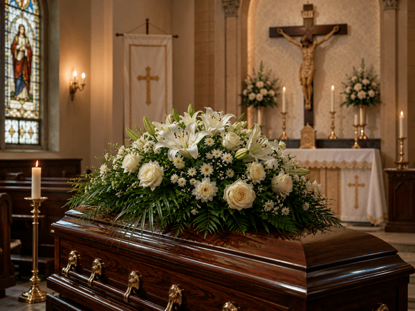 Wooden casket draped with white lilies and palms in a church.